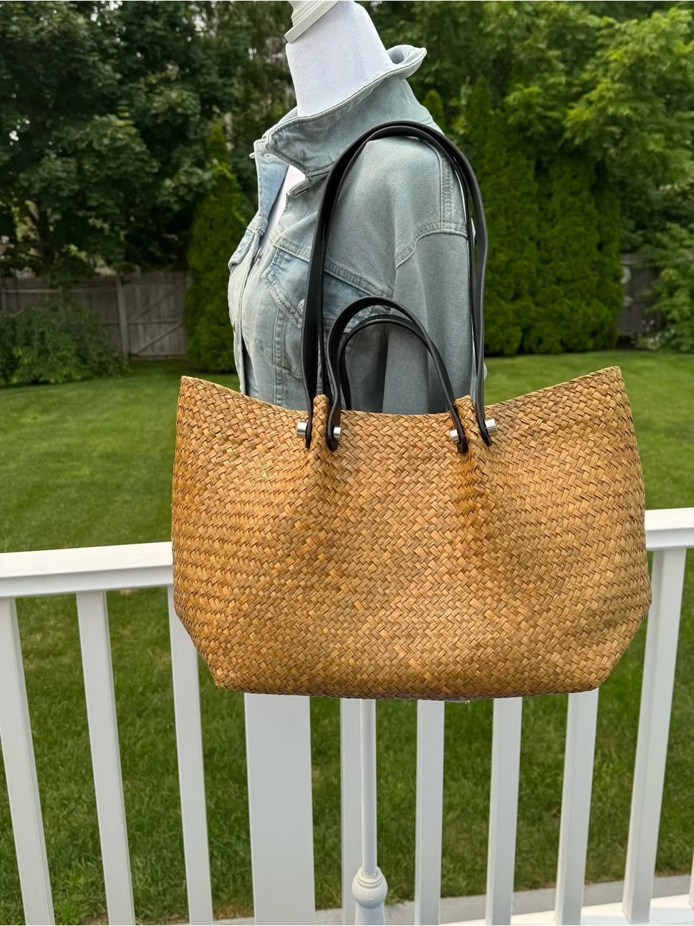 AllSaints Allington Woven Straw Tote Bag with Black Handles and Removable Pouch